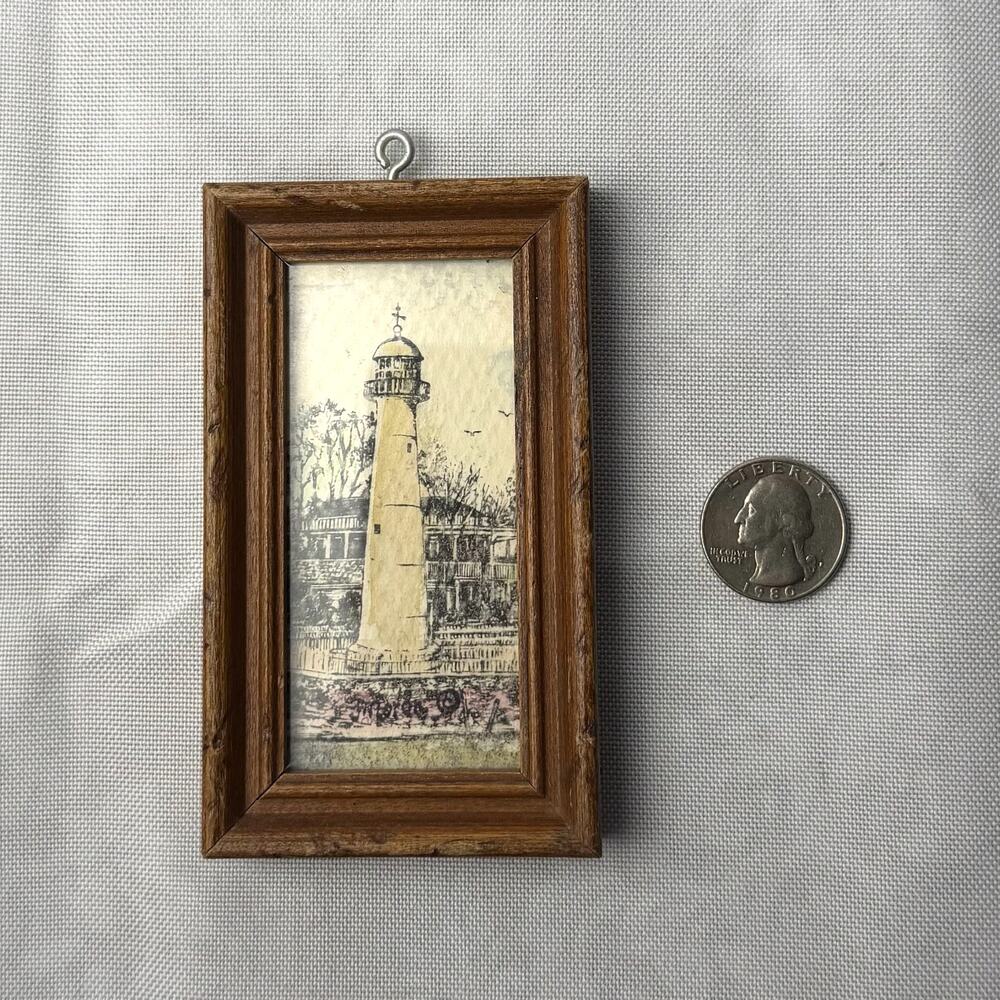 Joe Moran Biloxi Lighthouse Mini Framed Print Pen Ink Mississippi Tiny Art 4"